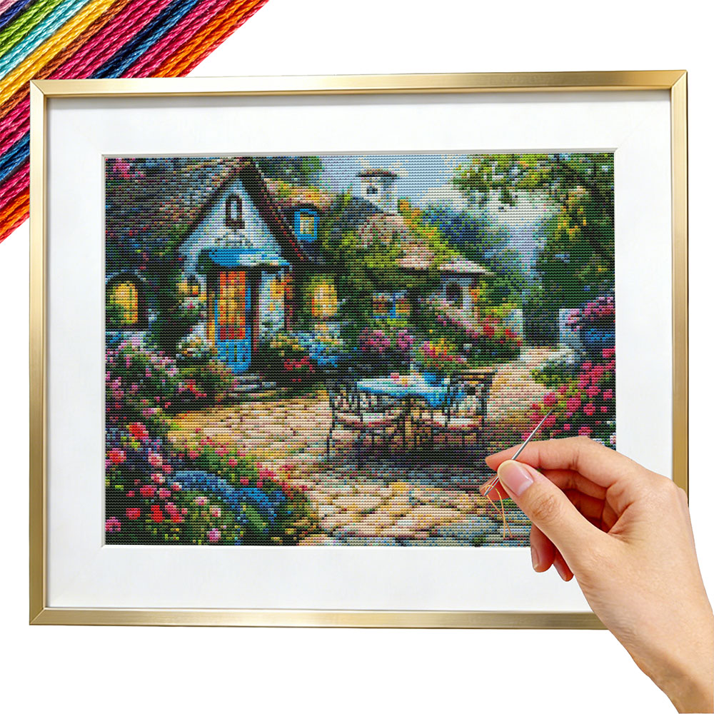 Embroidery Guide Paper - ガーデンクロスステッチキット 刺繍セット 家の風景 壁飾り 11CTプリントキャンバス 初心者向けガイド