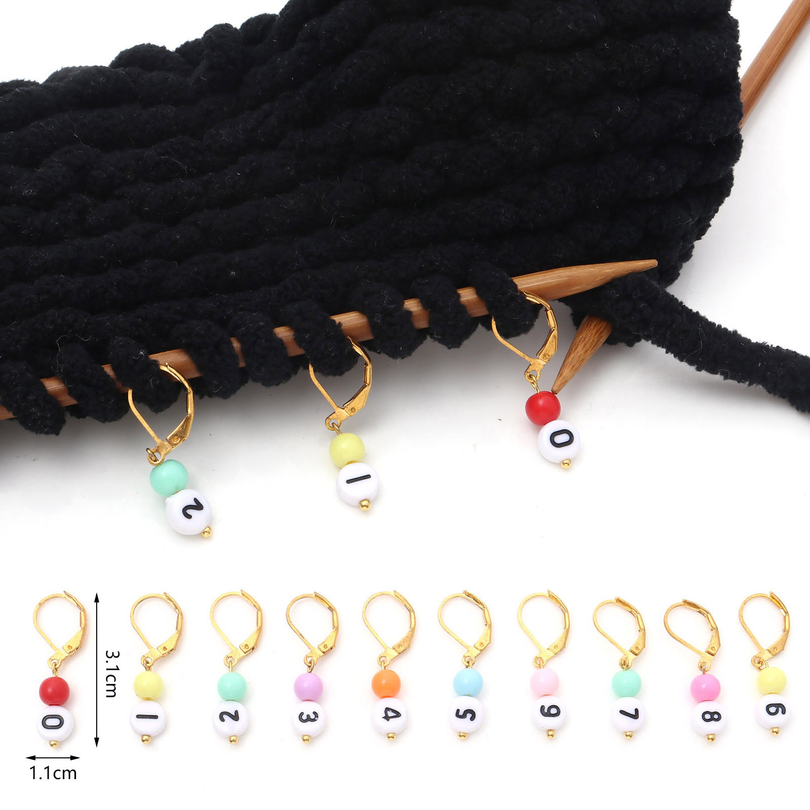 Stitch Marker Ring - 1セット (10ピース/セット) 銅とアクリルの編み物マーカーマーカー番号0-9 DIYクラフトマーカーツール用ランダムカラー3.1x1.1cm