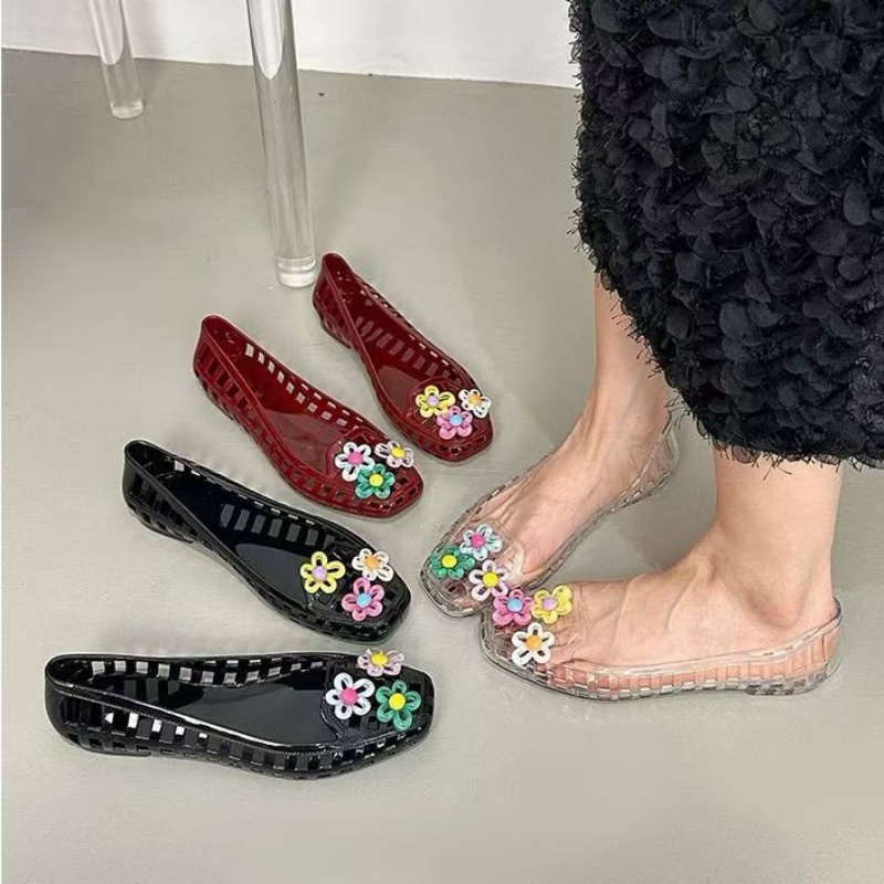 Embroidery Flat Shoes - 中空かわいいドーパミンシューズシックな手作りフラワーゼリーシューズ靴バックル穴靴 DIY 靴アクセサリージュエリーバレエシューズ