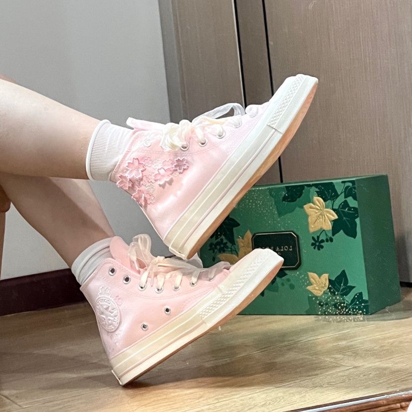 Embroidery Design Free - レディース刺繍キャンバススニーカー チェリーピンク、ソフトシルク靴紐デザイン ローカット＆ハイカット カジュアル学生スケートシューズ