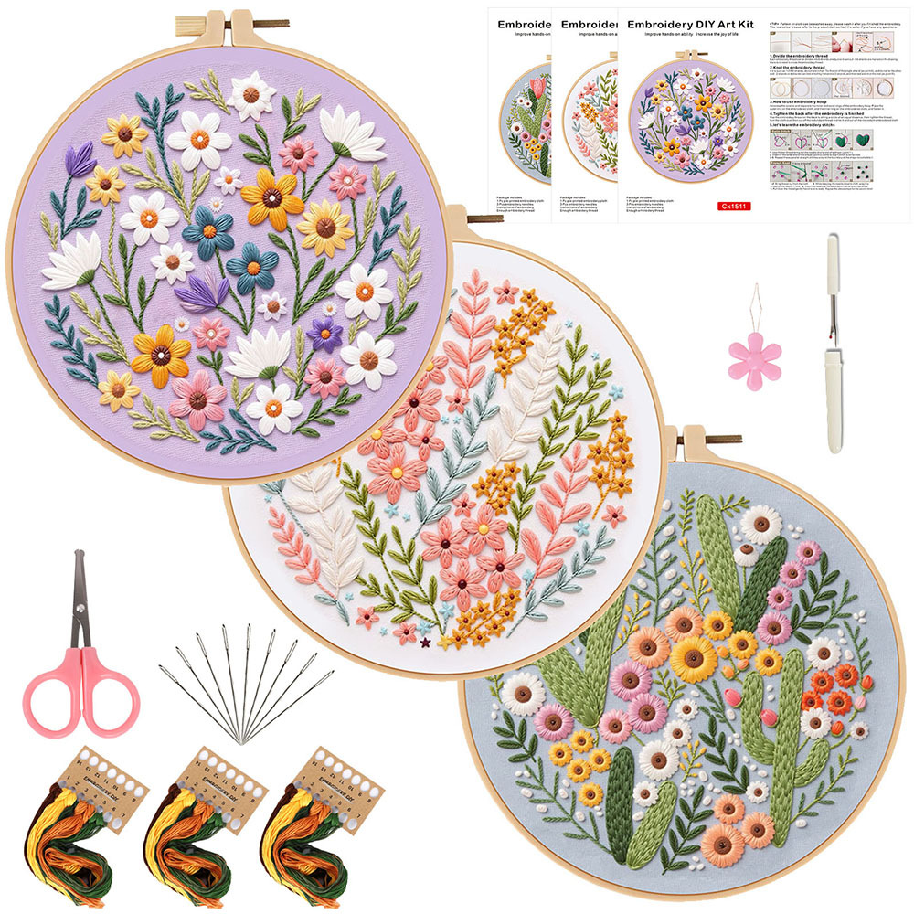 Embroidery Guide Paper - 花のDIY刺繍キット 初心者向け クロスステッチパターンプリントセット フープ、針、フロス、ガイド、チュートリアル付き DIYクラフトギフト