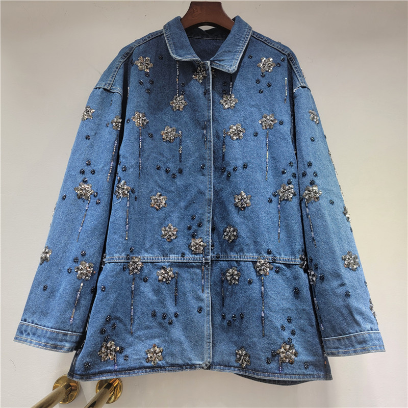Embroidery Flower Pattern - SuperAen 刺繍入りフレアフラワーポロカラーデニムジャケット 2026 春の新作韓国スタイルシングルブレストカジュアルルーズジャケット