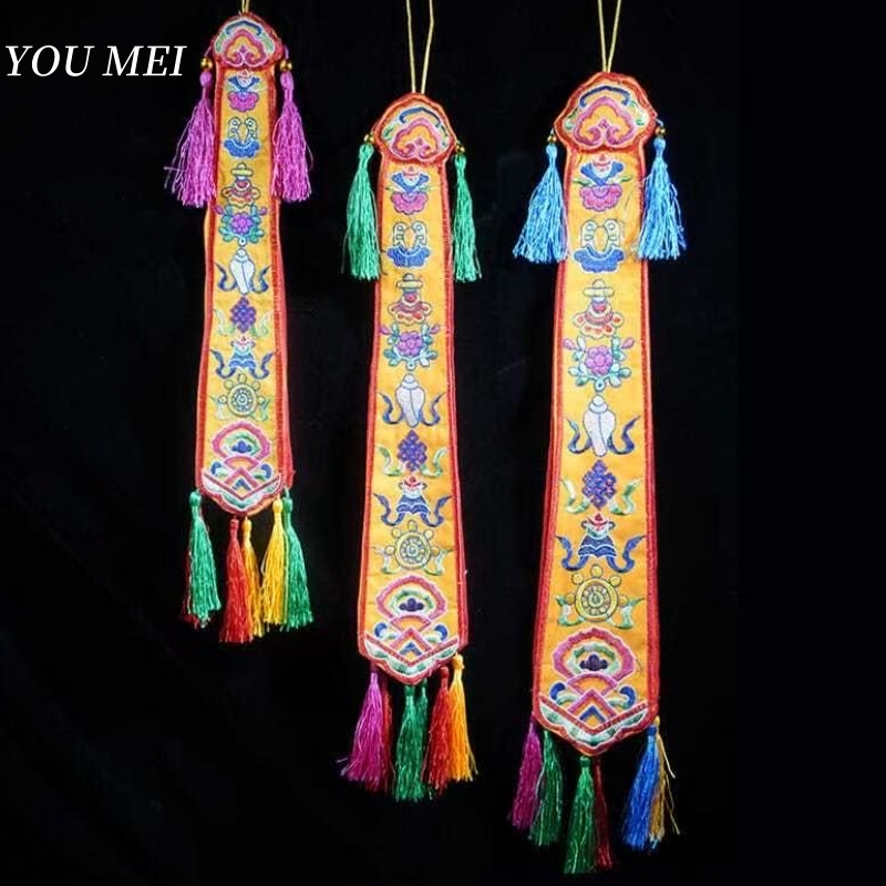 Embroidery Handicraft - ネパール手作りの8つの縁起の良い旗、チベットのタッセル刺繍装飾工芸品、縁起の良い鼓旗仏教アイテム