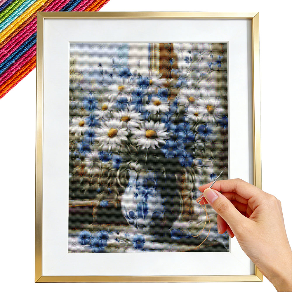 Embroidery Guide Paper - クロスポイント刺繍デイジー花瓶ガイド初心者向けウィンドウ11CT DMCセットカウント付きキャンバスプリントホームデコレーション