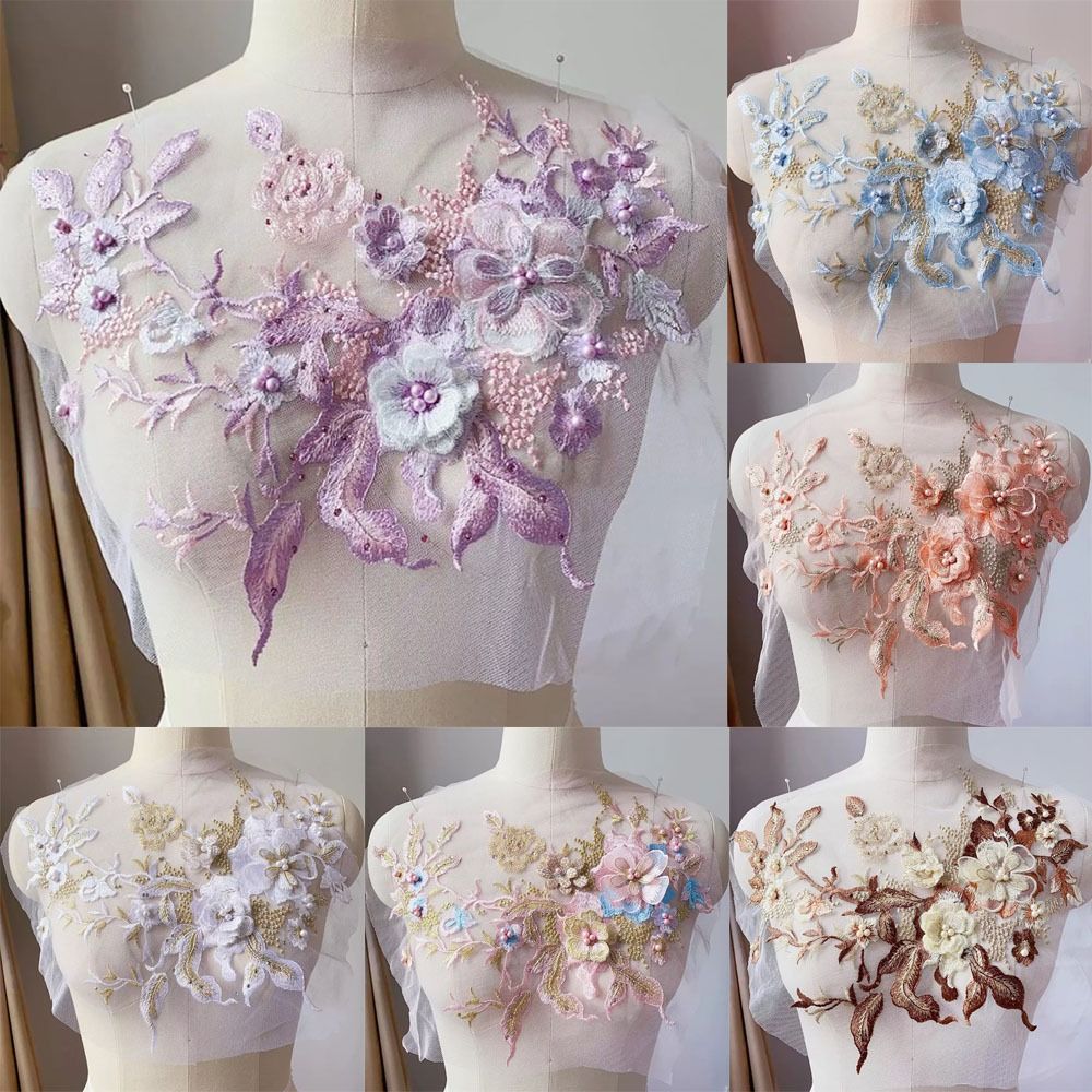 Embroidery Flower Pattern - 3D 花ビーズレース生地アップリケ刺繍縫製パッチ結婚式のイブニングドレスの服パッチスクラップブッキング