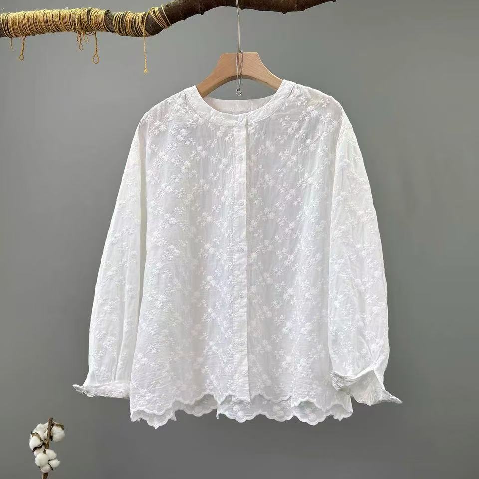 Embroidery Eyelet - 2026年レディースレース刺繍ブラウス、ボヘミアン風長袖100%コットンシャツ、ゆったりとした甘いアイレット刺繍サマートップ