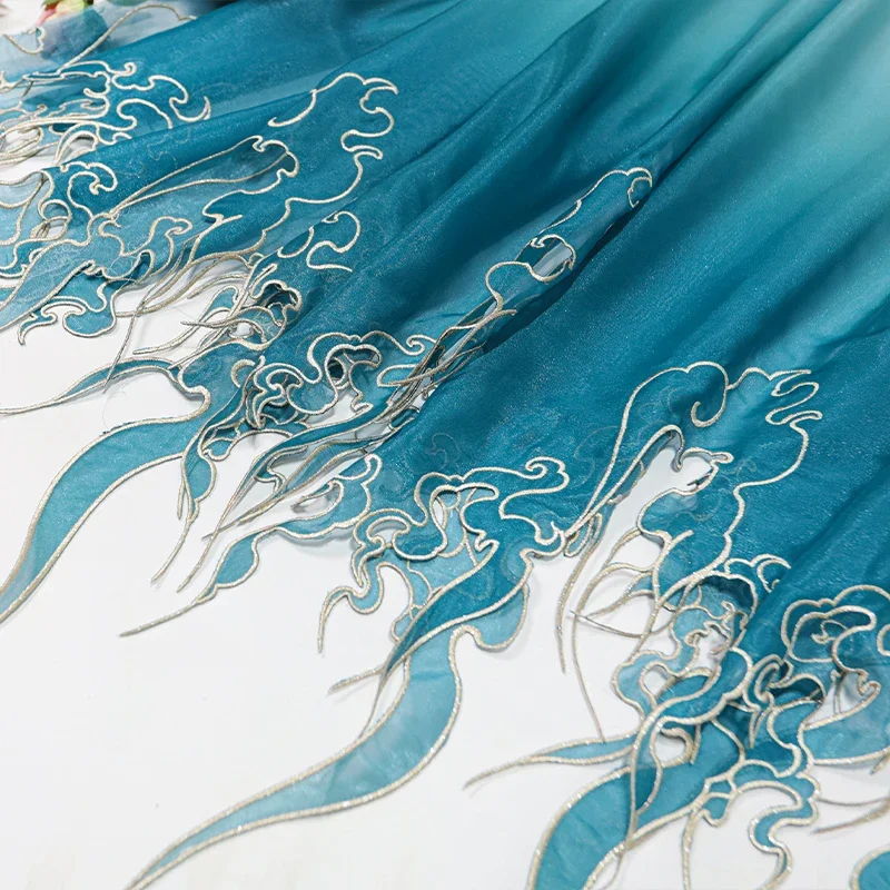 Embroidery Design Free - 中国風刺繍蓮の葉グラデーション生地 DIY 漢服ドレススカートステージ衣装結婚式の服装デザイナー縫製布