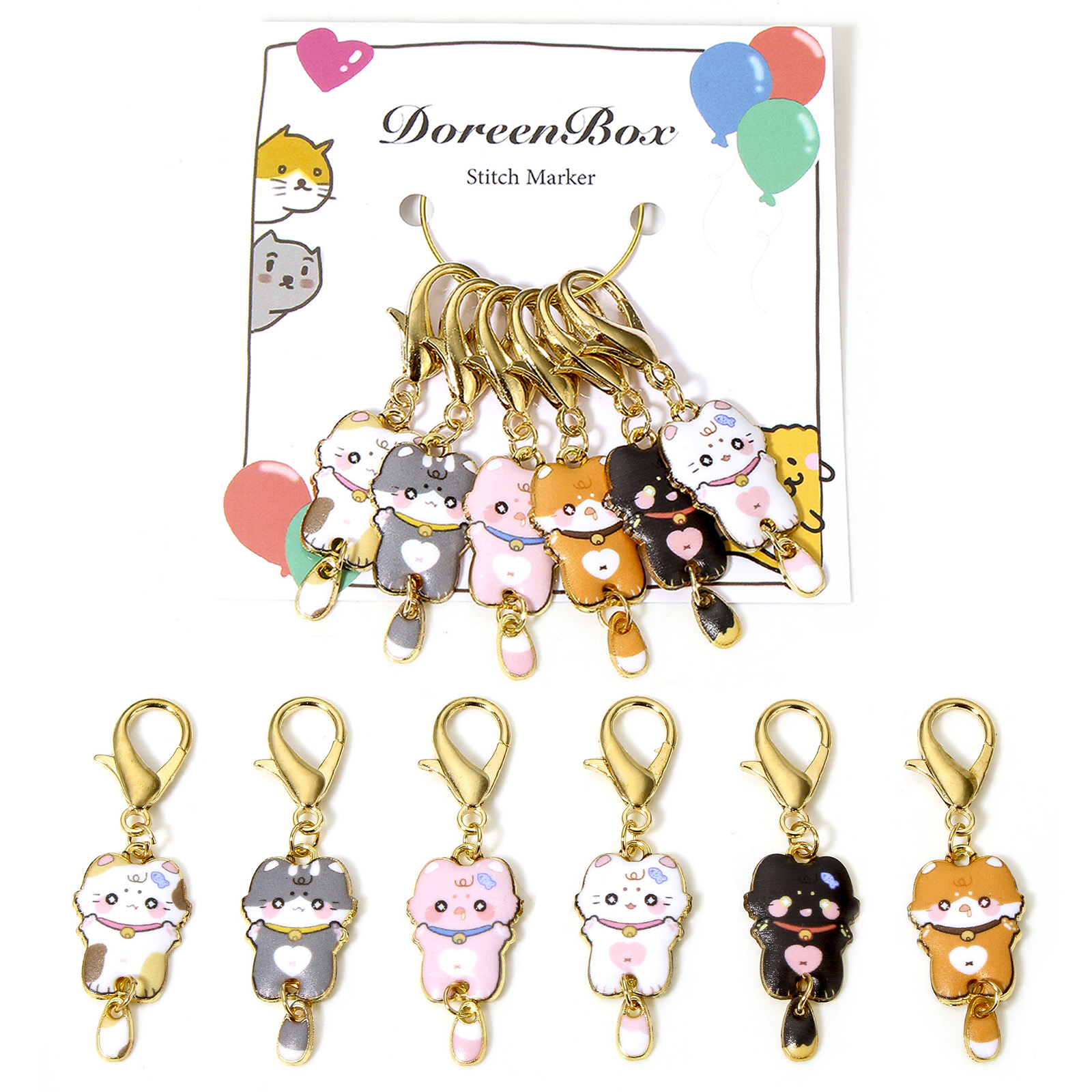 Stitch Marker Ring - 6個/セット 編み物用ステッチマーカー 漫画猫アニマル柄 マルチカラーエナメル クロシェ ロック式ステッチマーカー