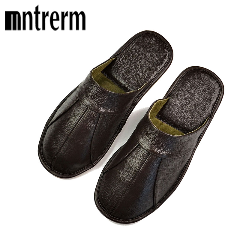Embroidery Handicraft - Mntrerm-メンズ100% 牛革レザースリッパ,快適で柔らかく,手縫い,黒と茶色