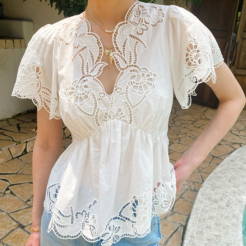 Embroidery Eyelet - フレンチスタイル花柄アイレット刺繍ブラウスシャツ女性夏白綿 V ネックカットアウトパフスリーブセクシーな女性の職業トップス
