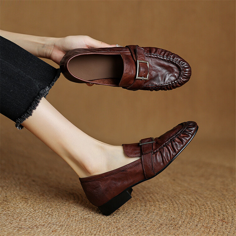 Embroidery Flat Shoes - 女性用本革モカシン,丸いつま先の靴,プリーツパンプス,厚手のヒール,ファッション,秋,新品