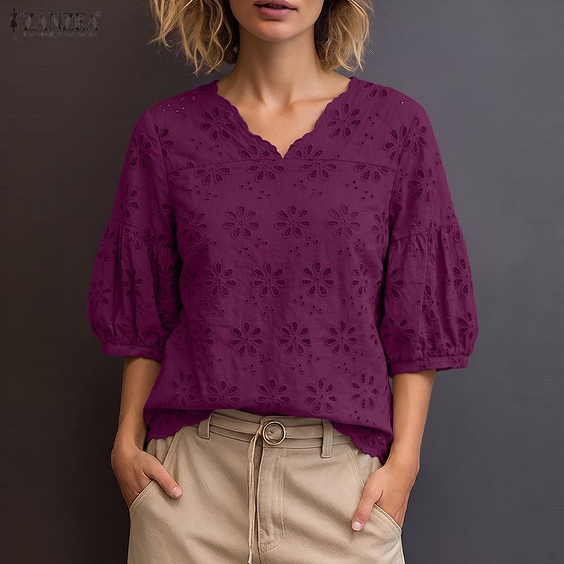 Embroidery Eyelet - ZANZEA 2026 アイレット刺繍ブラウス女性 V ネックランタンスリーブソリッドパッチワークトップス夏カジュアル休暇日常着ブラウス