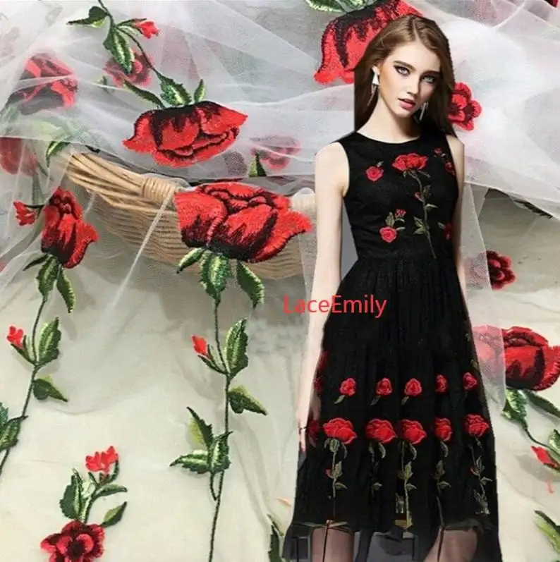 Embroidery Rose - 赤いバラのレース生地、花の刺繍、柔らかい黒と白のチュール生地、ウェディングドレス、ブライダルベール、チュチュドレス、ベビードレス、1ヤード