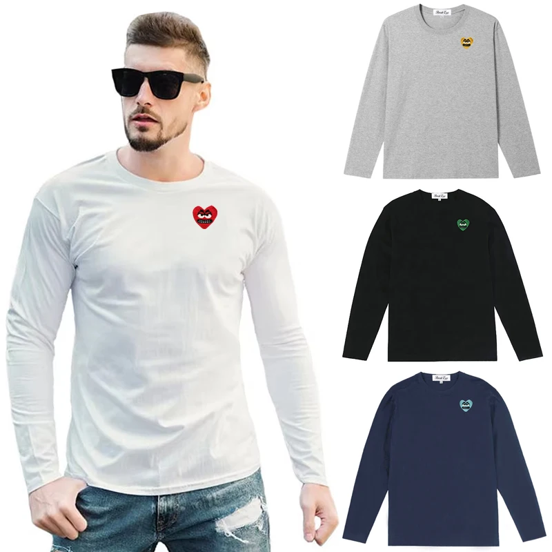 Embroidery Egg - メンズ長袖Tシャツ,コットン,クール,キュート,刺embroidery,ハート,ラウンドネック,ストレート,ソリッド,夏