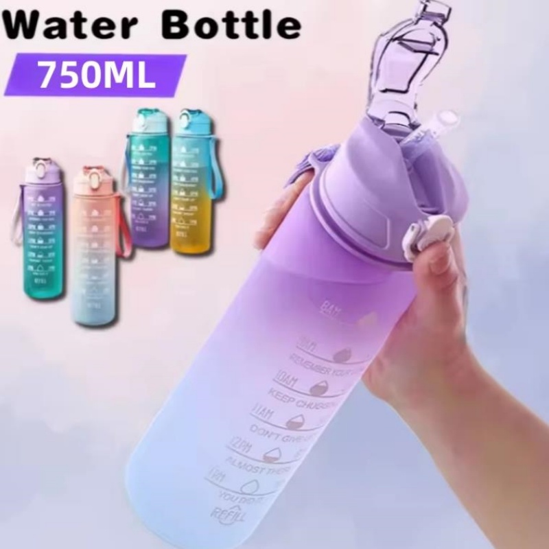 Embroidery Water - 750ML スポーツウォーターボトル タイムマーカー付き 漏れ防止カップ モチベーションを高めるポータブルウォーターボトル アウトドアスポーツフィットネス用