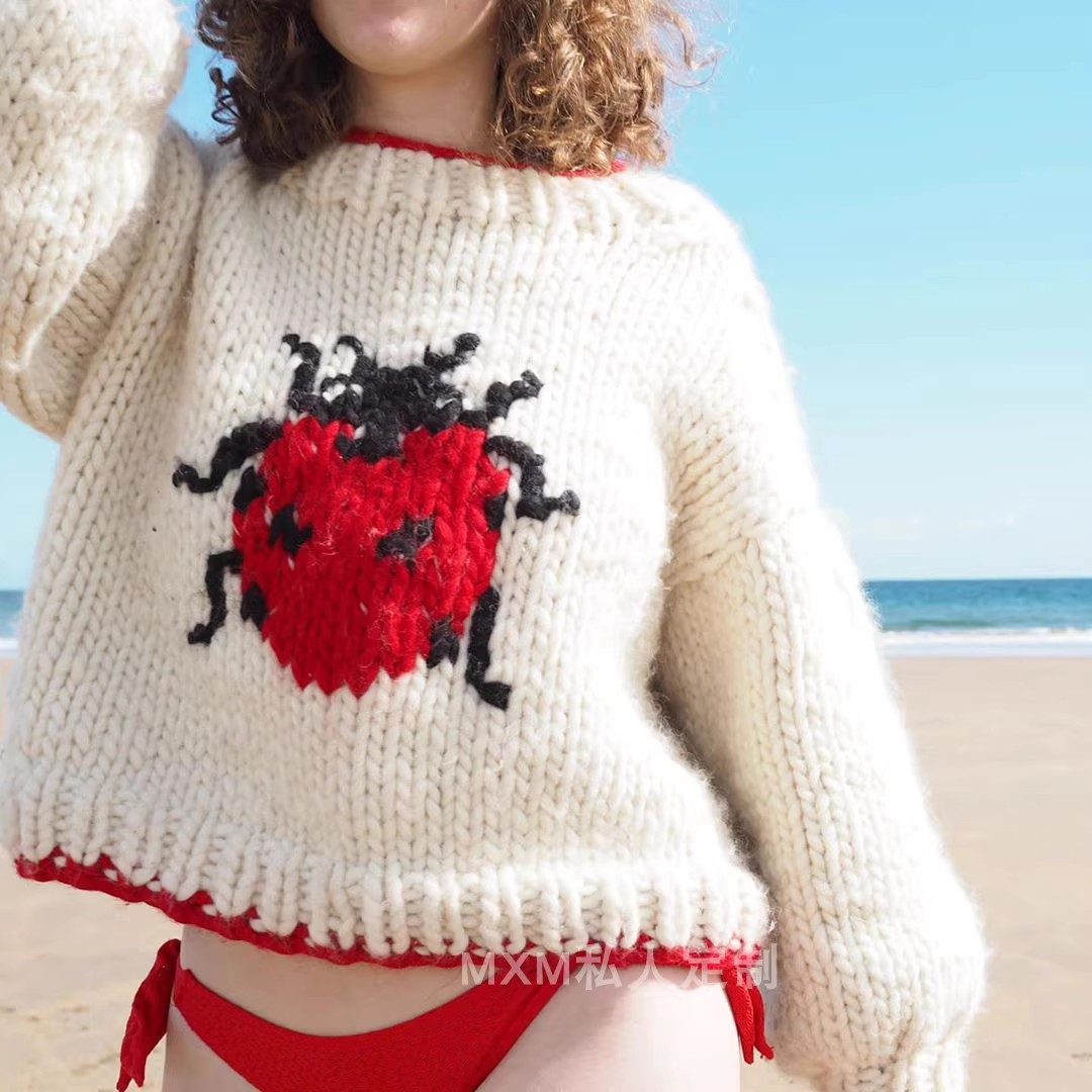 Embroidery Lady Bug - セブンスターてんとう虫柄ピュアウール手編み粗毛セーター女性の長袖秋/冬の新コレクション