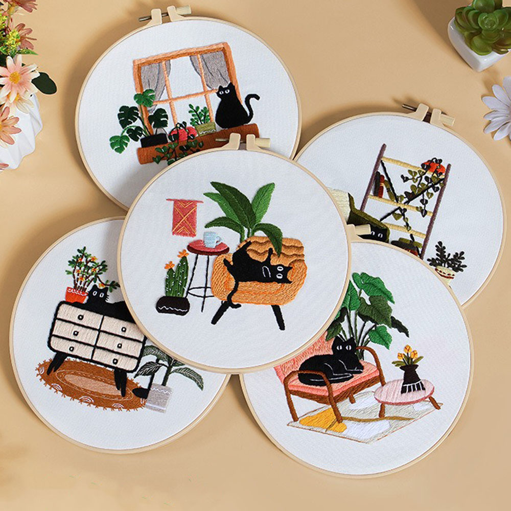 Embroidery Ideas For Bags - 黒猫デザインの刺繍キット | 初心者向けスタンプ刺繍用品 大人向けDIYホームデコレーション＆2025年ギフトアイデア