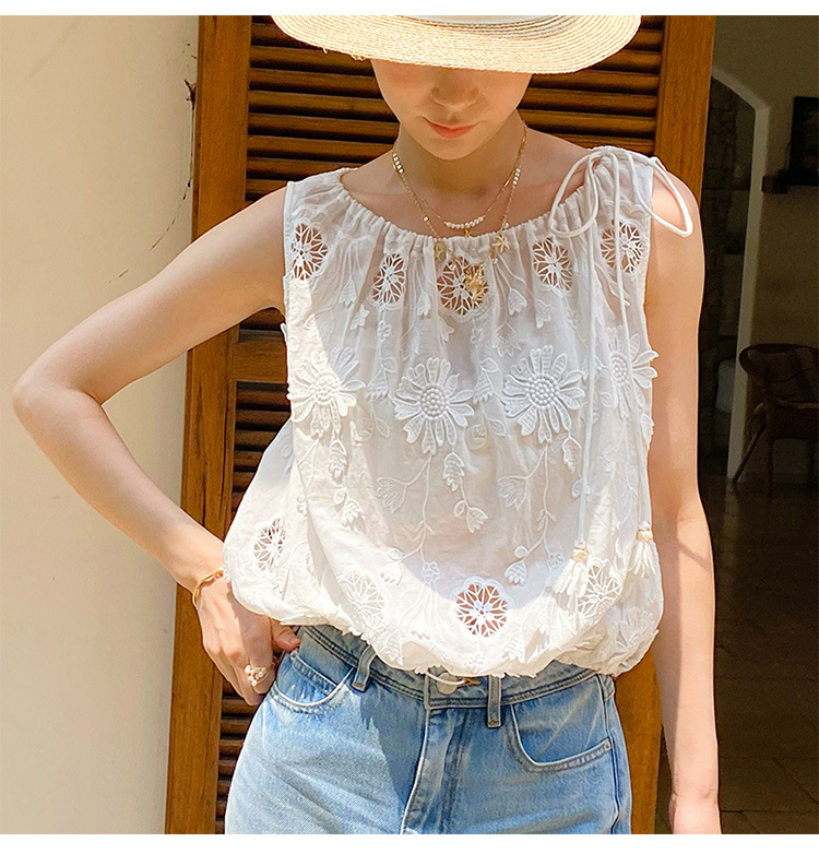 Embroidery Eyelet - フレンチスタイルボヘミアン刺繍ブラウスシャツ白綿女性ノースリーブアイレットアップリケ中空アウト夏休みレディーストップス