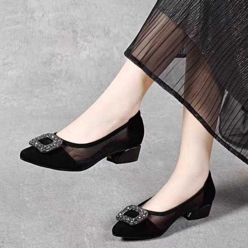 Embroidery Flat Shoes - エレガントなポインテッドトゥメッシュブロックヒールパンプス、ラインストーンスクエアバックル装飾の浅履きシューズ、通気性のある女性用オフィスシューズ