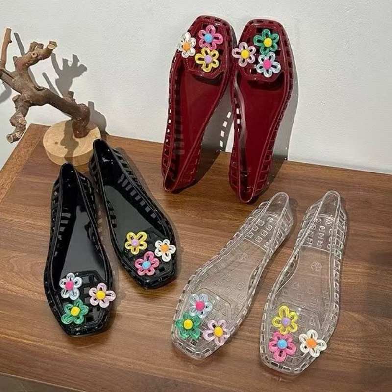 中空かわいいドーパミンシューズシックな手作りフラワーゼリーシ - Embroidery Flat Shoes のレビューと価格