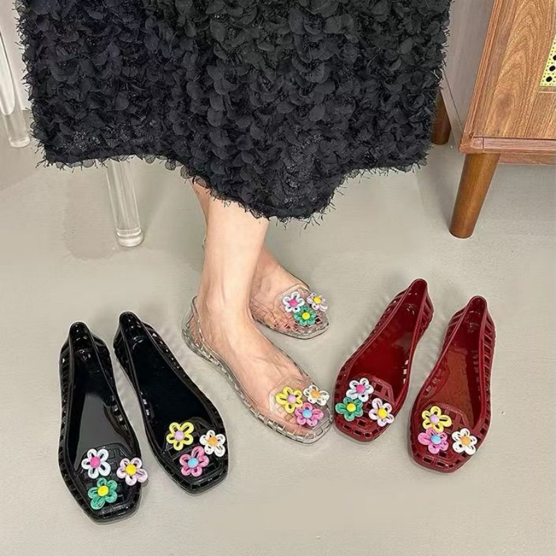 中空かわいいドーパミンシューズシックな手作りフラワーゼリーシ - Embroidery Flat Shoes のレビューと価格