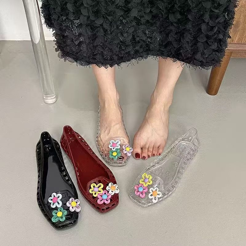 中空かわいいドーパミンシューズシックな手作りフラワーゼリーシ - Embroidery Flat Shoes のレビューと価格