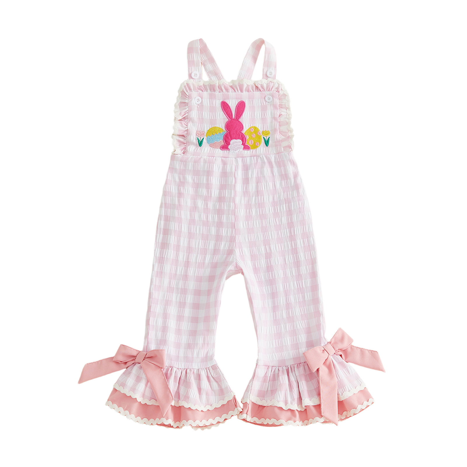 女の子用イースタープレイドオーバーオールジャンプスーツノース - Embroidery Egg のレビューと価格