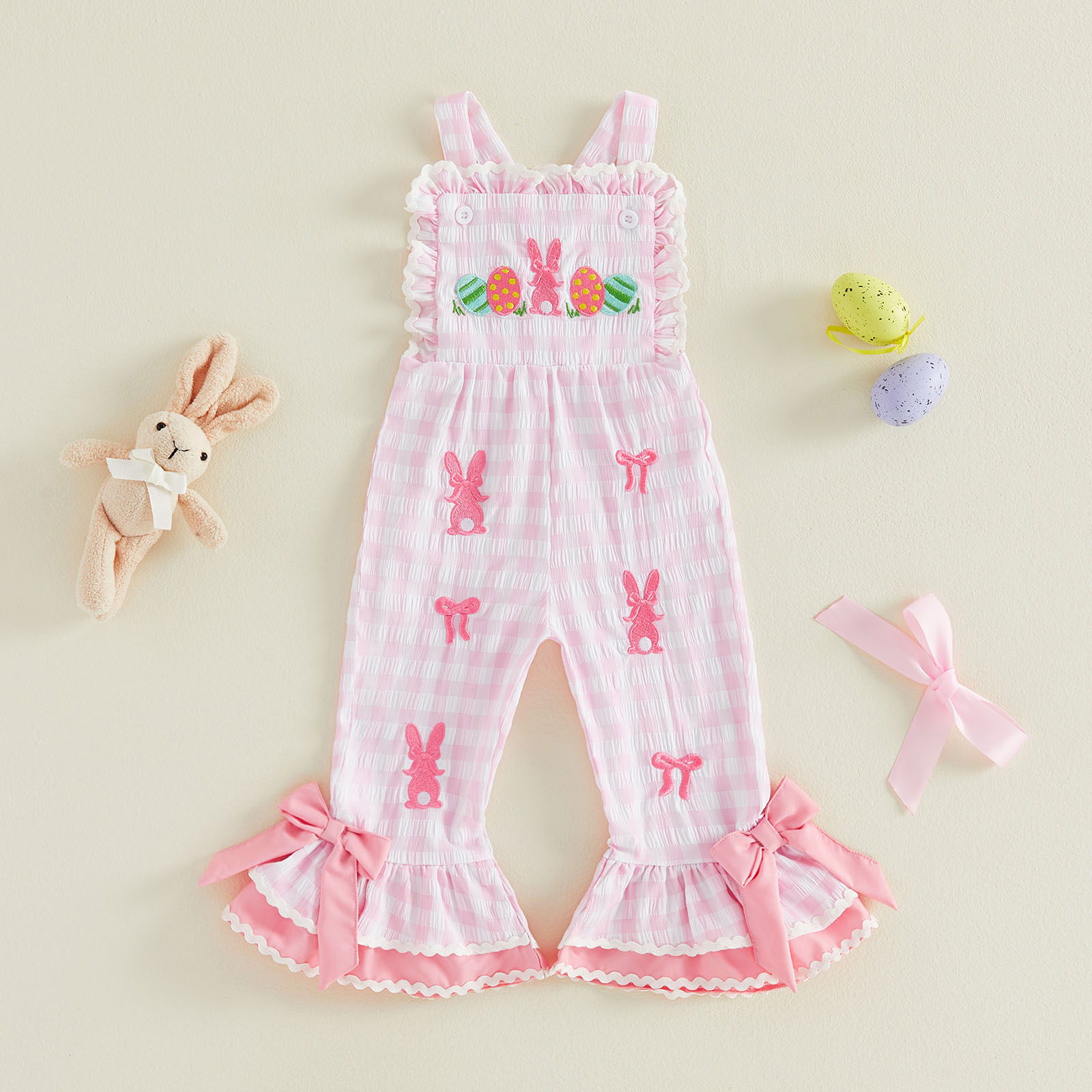 女の子用イースタープレイドオーバーオールジャンプスーツノース - Embroidery Egg のレビューと価格