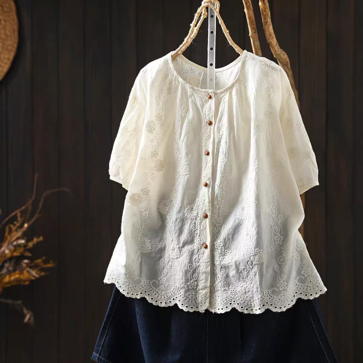 女性 100% コットン花柄アイレット刺繍ブラウスラウンドネ - Embroidery Eyelet のレビューと価格