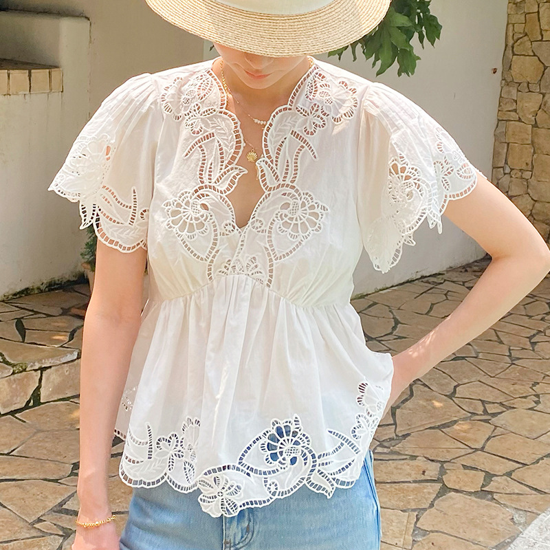 フレンチスタイル花柄アイレット刺繍ブラウスシャツ女性夏白綿  - Embroidery Eyelet のレビューと価格