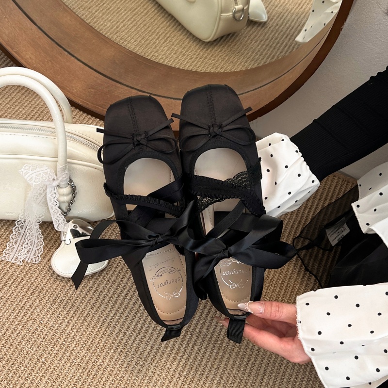 新作春快適レースアップバレエスクエアトゥローカットフラットシ - Embroidery Flat Shoes のレビューと価格