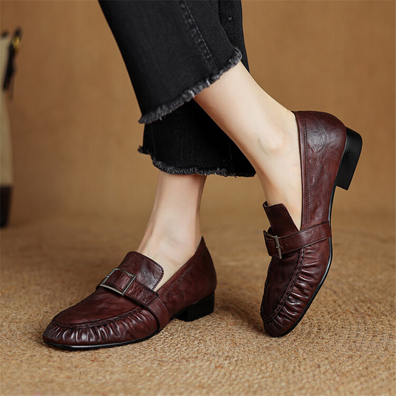 女性用本革モカシン,丸いつま先の靴,プリーツパンプス,厚手の - Embroidery Flat Shoes のレビューと価格
