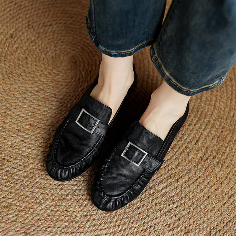 女性用本革モカシン,丸いつま先の靴,プリーツパンプス,厚手の - Embroidery Flat Shoes のレビューと価格
