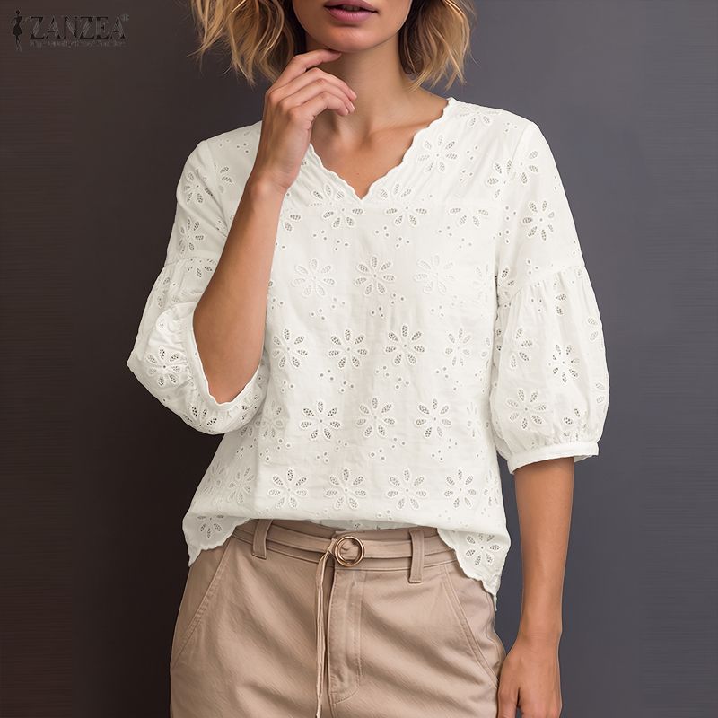 ZANZEA 2026 アイレット刺繍ブラウス女性 V ネッ - Embroidery Eyelet のレビューと価格