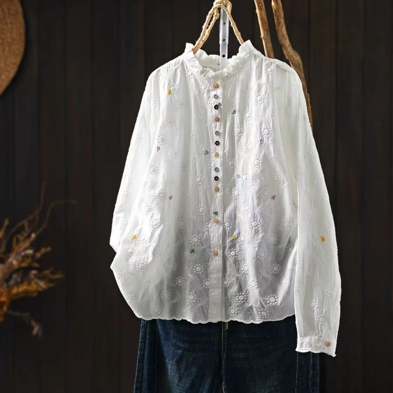 女性用フリルスタンドカラーブラウス、花柄アイレット刺繍長袖シ - Embroidery Eyelet のレビューと価格