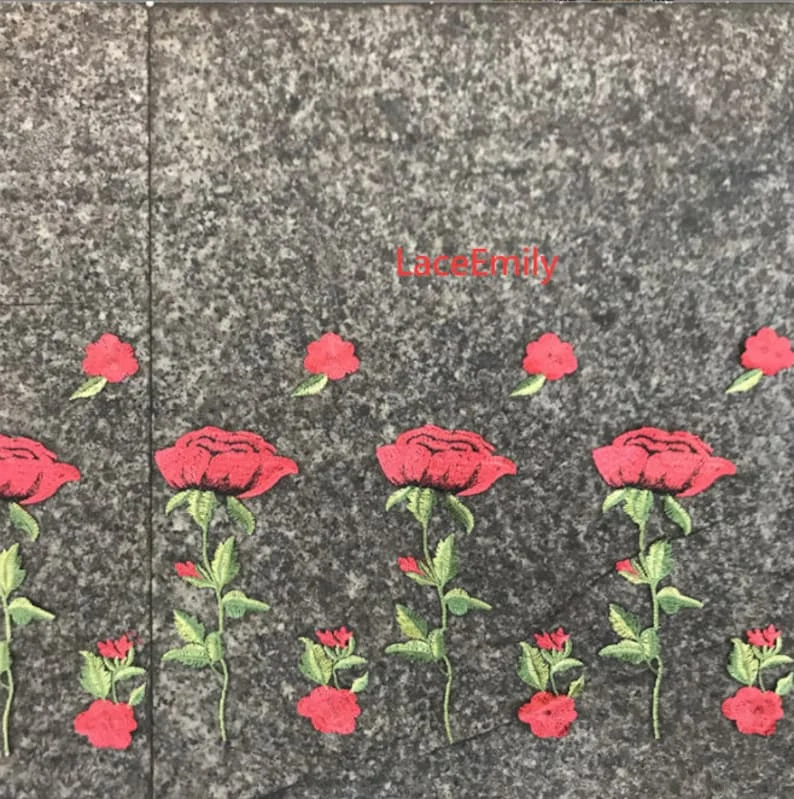 赤いバラのレース生地、花の刺繍、柔らかい黒と白のチュール生地 - Embroidery Rose のレビューと価格