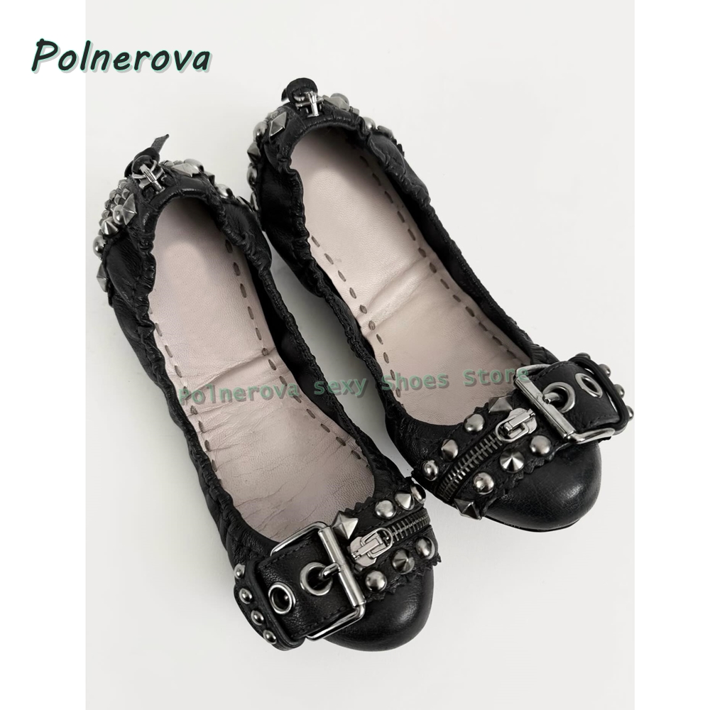 リベットベルトバックル付きメリージェーンシューズ、ポインテッ - Embroidery Flat Shoes のレビューと価格