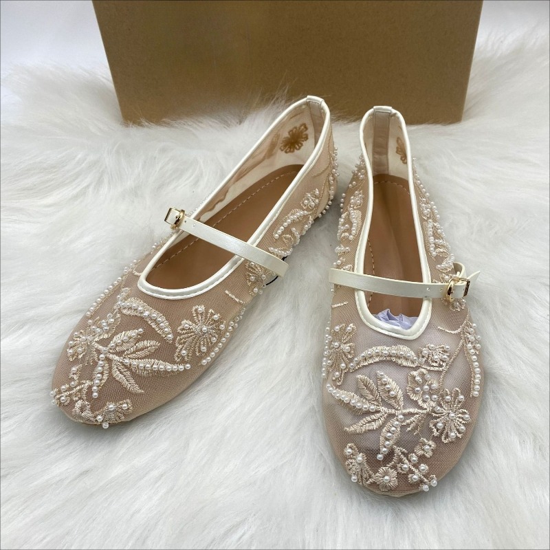 メッシュ刺繍ストリングビーズ女性バレエフラット通気性ラウンド - Embroidery Design Free のレビューと価格