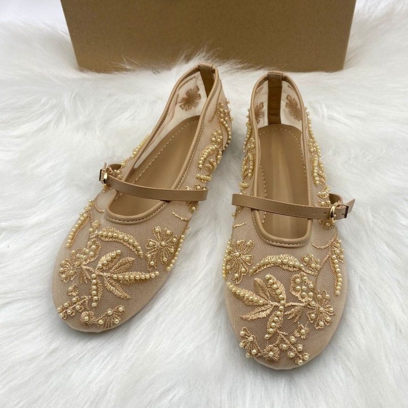 メッシュ刺繍ストリングビーズ女性バレエフラット通気性ラウンド - Embroidery Design Free のレビューと価格
