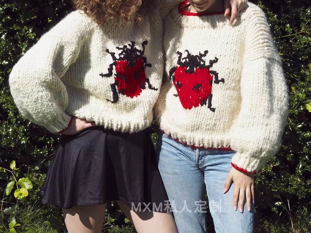 セブンスターてんとう虫柄ピュアウール手編み粗毛セーター女性の - Embroidery Lady Bug のレビューと価格