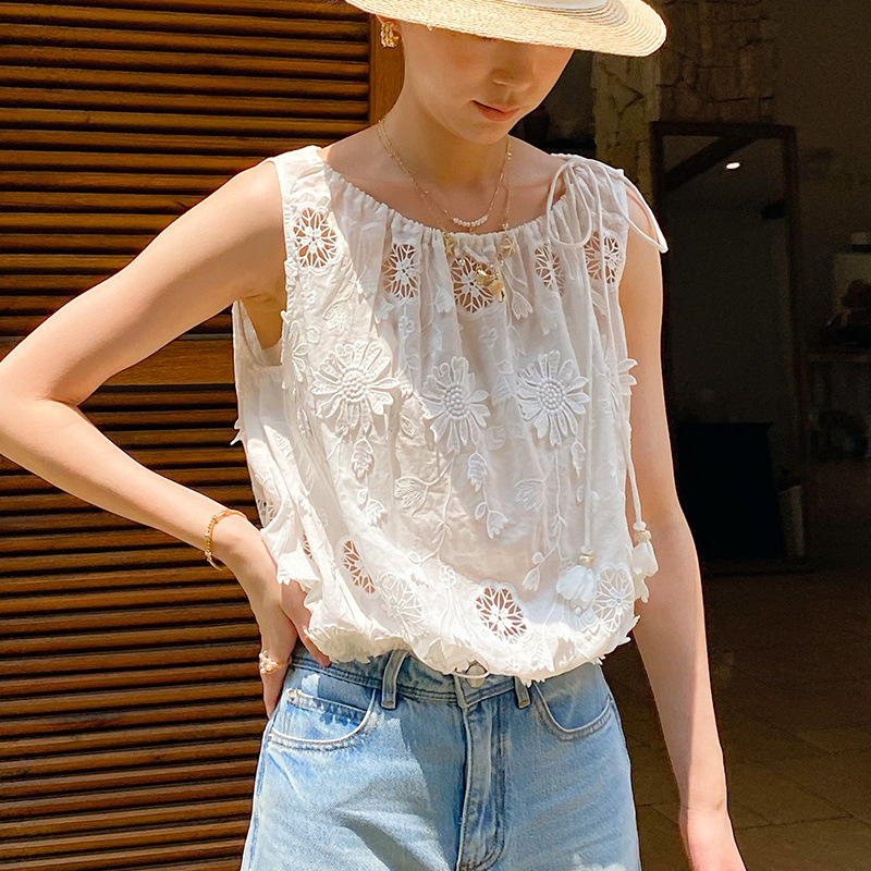 フレンチスタイルボヘミアン刺繍ブラウスシャツ白綿女性ノースリ - Embroidery Eyelet のレビューと価格