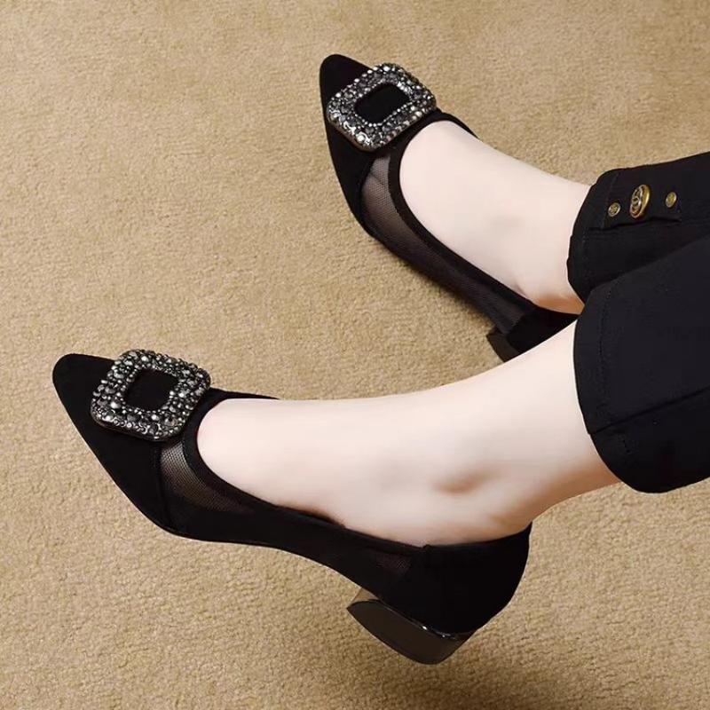 エレガントなポインテッドトゥメッシュブロックヒールパンプス、 - Embroidery Flat Shoes のレビューと価格